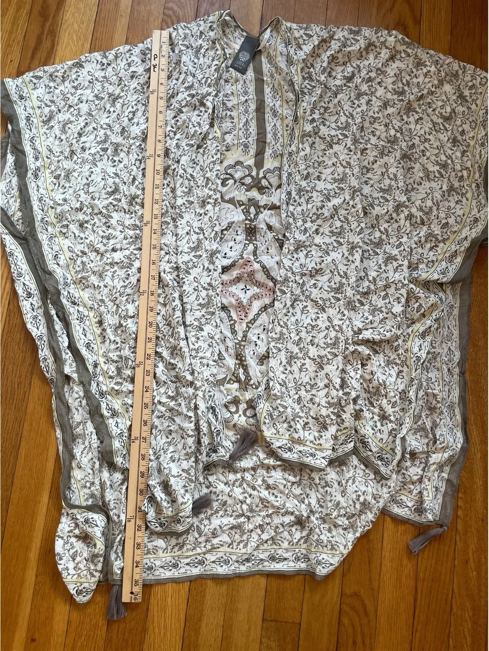 Vince Camuto Boho Wrap Cover Up Kimono Cream Lurex Yellow Olive Rayon Tassel OS